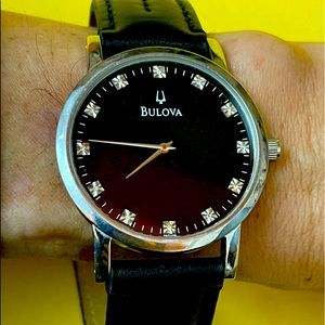 Bulova Quartz Black Silver Diamond Dial WITH ORIGINAL SS BAND & Leather Band